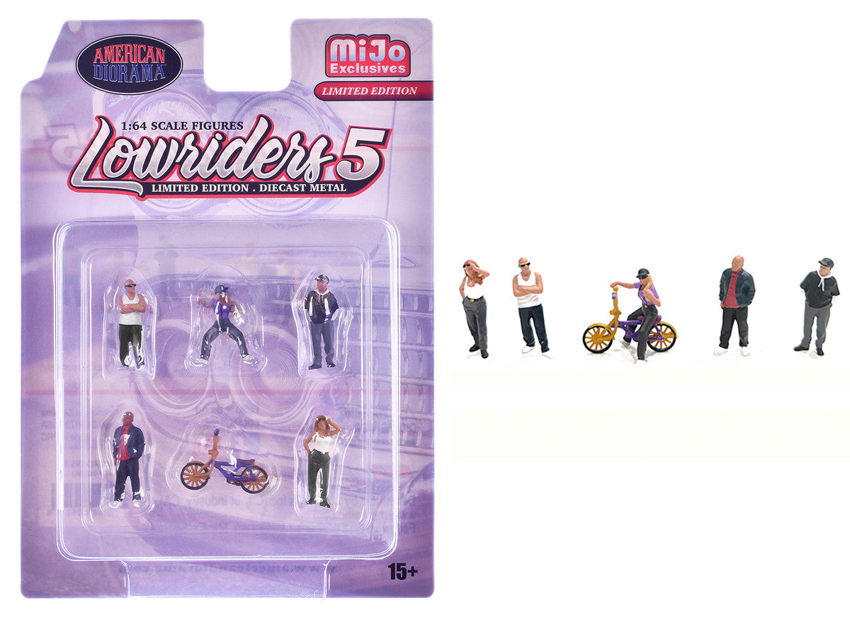 "Lowriders #5" 6 piece (5 People 1 Bicycle) Diecast Figures Set 1/64 Scale Models by American Diorama-0
