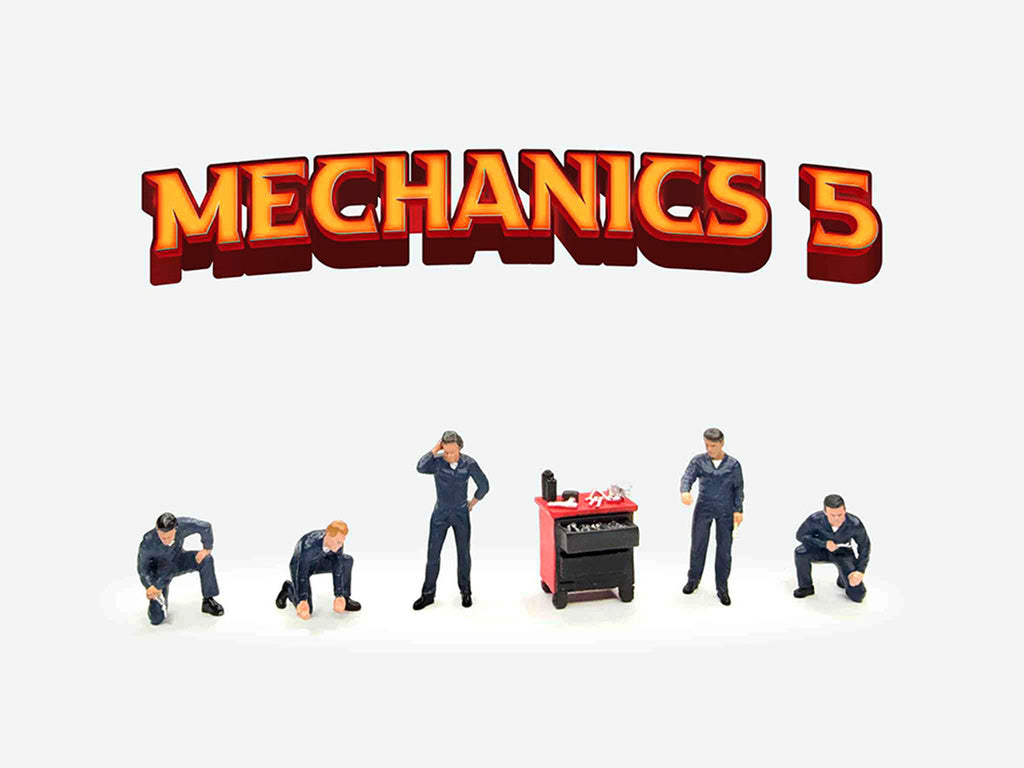 "Mechanics #5" 6 piece Diecast Figure Set (5 Figures 1 Tool Cabinet) Limited Edition for 1/64 Scale Models by American Diorama-0