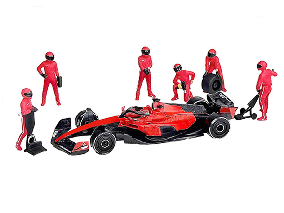 "Formula Pit Crew – Team Red" 6 piece Diecast Figure Set (6 Figures) Limited Edition for 1/64 Scale Models by American Diorama-1