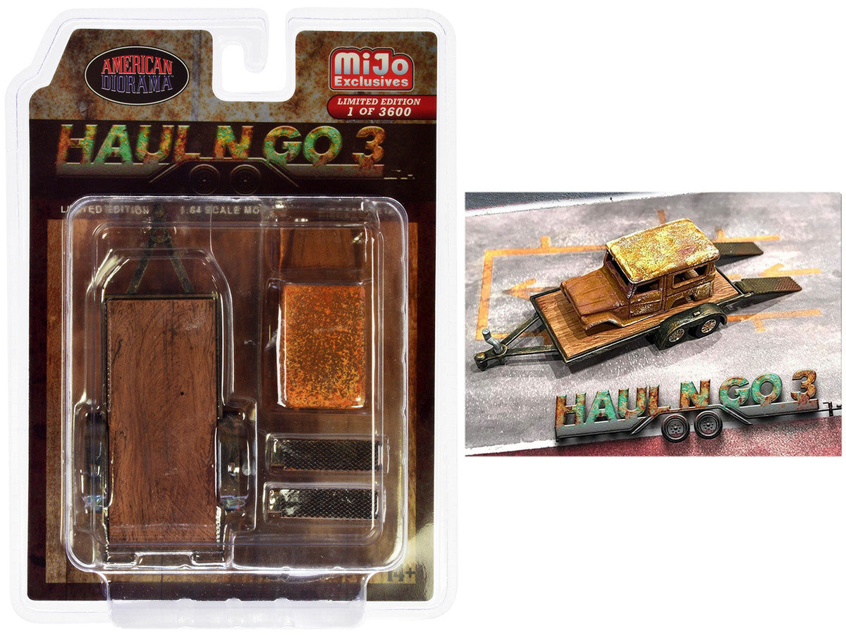 "Haul N Go 3" 4 piece Diecast Model Set (1 Flatbed Trailer 1 Abandoned Car 2 Ramps) Limited Edition to 3600 pieces Worldwide for 1/64 scale models by American Diorama-0