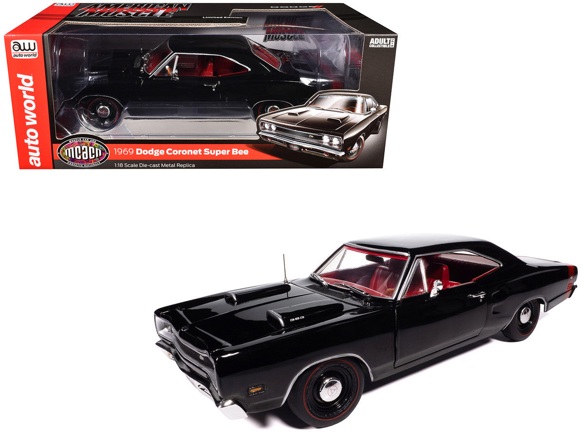 1969 Dodge Coronet Super Bee "Muscle Car & Corvette Nationals" (MCACN) Black with Red Interior "American Muscle" Series 1/18 Diecast Model Car by Auto World-0