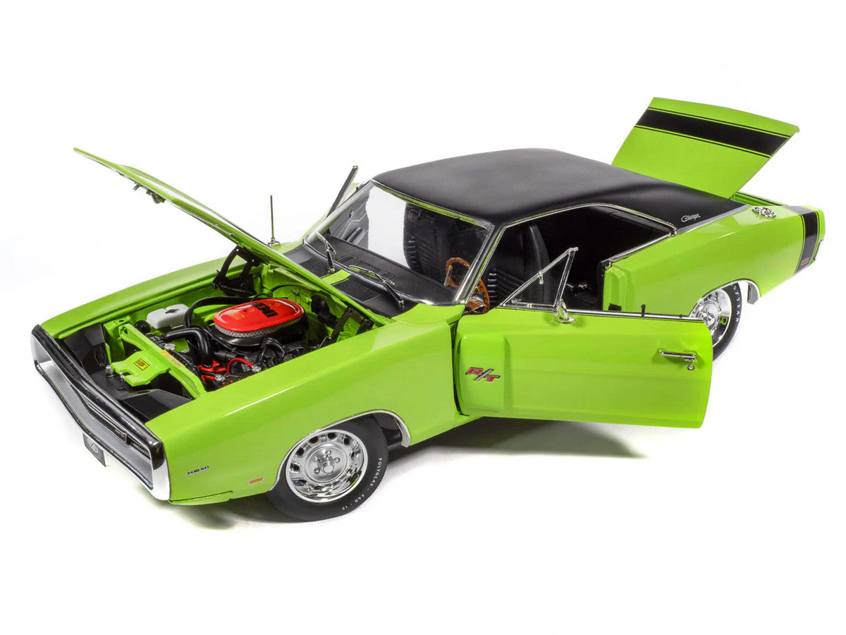 1970 Dodge Charger R/T "Muscle Car & Corvette Nationals" (MCACN) Sublime Green with Black Stripes and Black Vinyl Top "American Muscle" Series 1/18 Diecast Model Car by Auto World-1