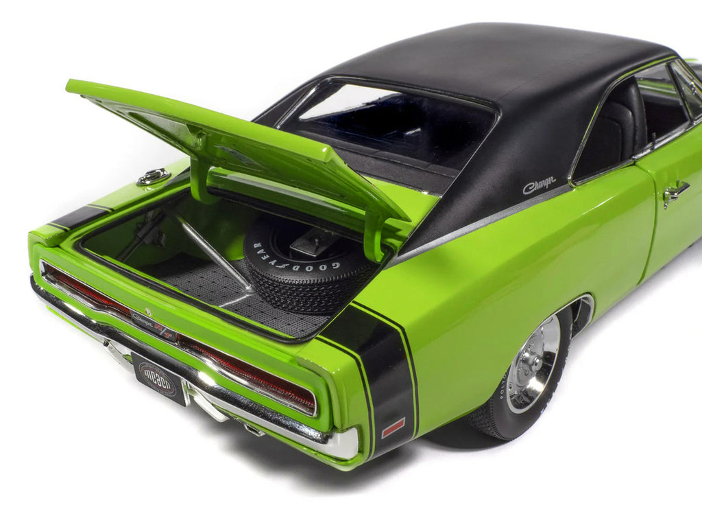 1970 Dodge Charger R/T "Muscle Car & Corvette Nationals" (MCACN) Sublime Green with Black Stripes and Black Vinyl Top "American Muscle" Series 1/18 Diecast Model Car by Auto World-4
