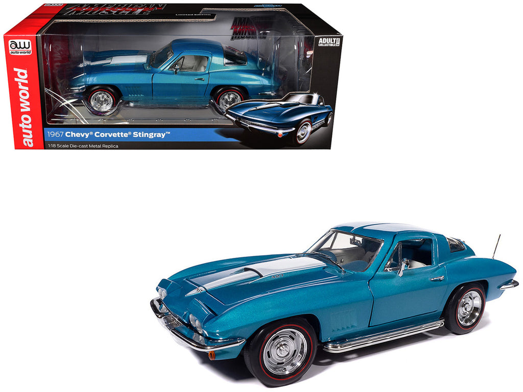 1967 Chevrolet Corvette Stingray Light Blue Metallic with White Hood Stripe "American Muscle" Series 1/18 Diecast Model Car by Auto World-4