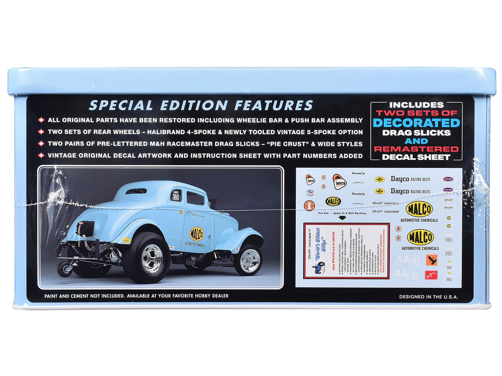 Skill 2 Model Kit 1933 Willys Gasser "Ohio George" with Collectible Tin Packaging 1/25 Scale Model by AMT-1