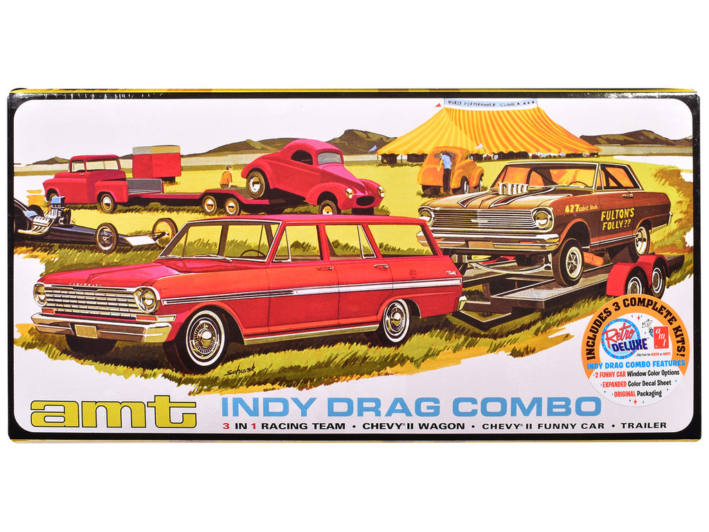 Skill 2 Model Kit Indy Drag Combo Chevrolet II Wagon and Funny Car with Trailer 3 in 1 Set 1/25 Scale Model by AMT-3