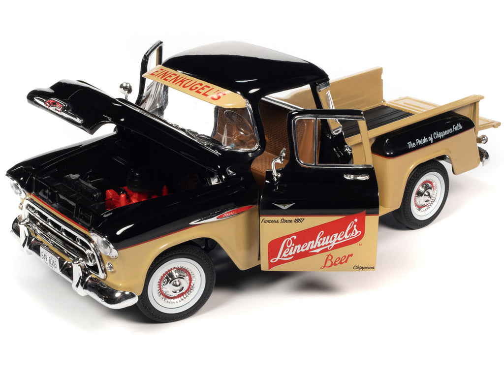 1957 Chevrolet 3100 Stepside Pickup Truck Black and Tan with Graphics "Leinenkugle's Beer The Pride of Chippewa Falls" 1/18 Diecast Model by Auto World-1