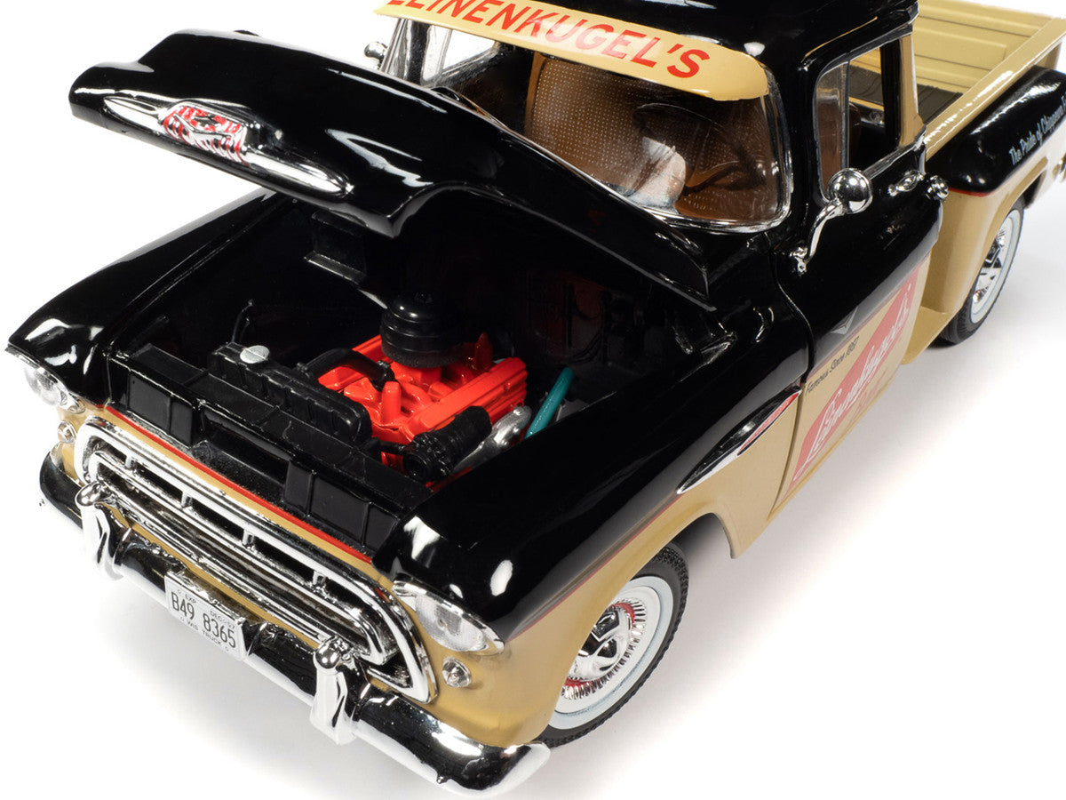 1957 Chevrolet 3100 Stepside Pickup Truck Black and Tan with Graphics "Leinenkugle's Beer The Pride of Chippewa Falls" 1/18 Diecast Model by Auto World-2