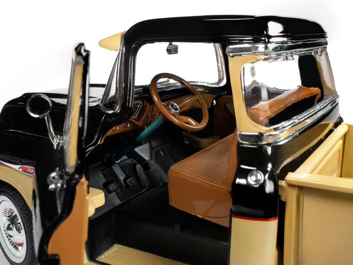 1957 Chevrolet 3100 Stepside Pickup Truck Black and Tan with Graphics "Leinenkugle's Beer The Pride of Chippewa Falls" 1/18 Diecast Model by Auto World-3