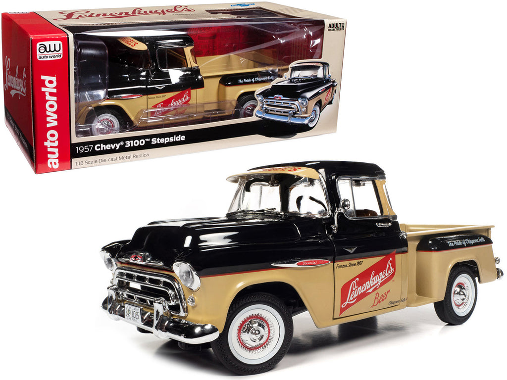 1957 Chevrolet 3100 Stepside Pickup Truck Black and Tan with Graphics "Leinenkugle's Beer The Pride of Chippewa Falls" 1/18 Diecast Model by Auto World-0