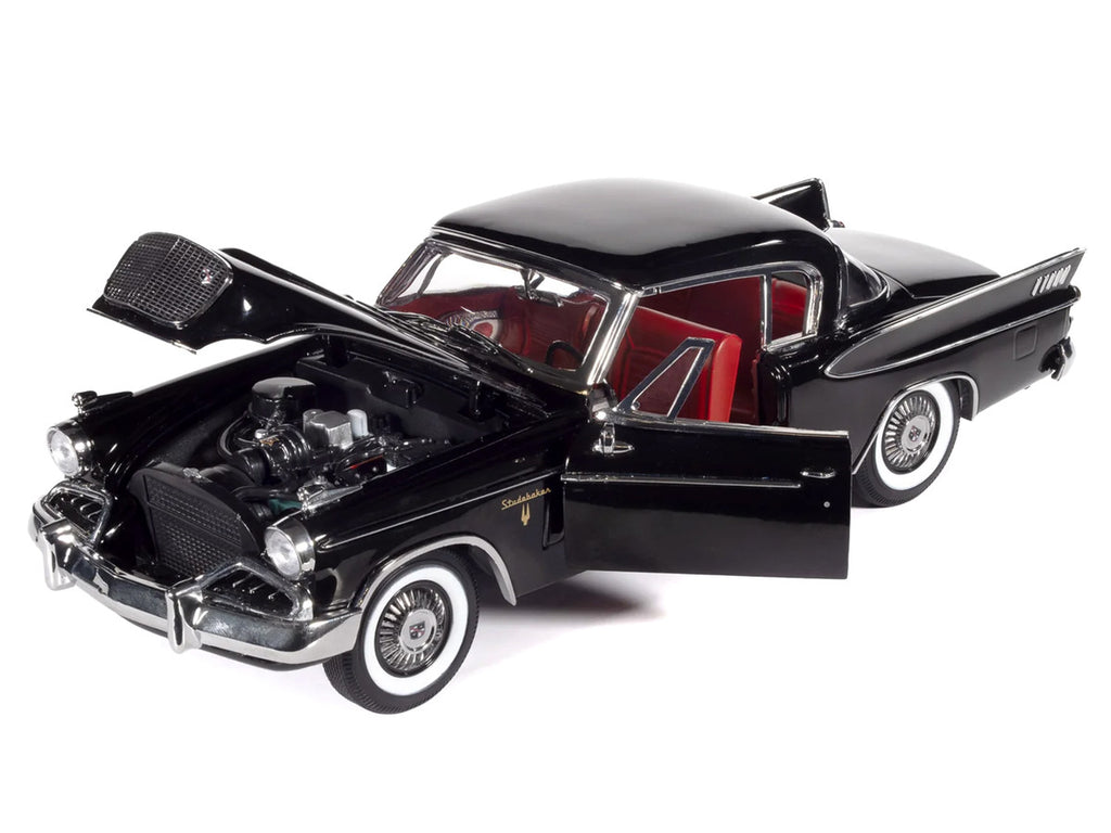 1957 Studebaker Golden Hawk Midnight Black with Red Interior 1/18 Diecast Model by Auto World-2