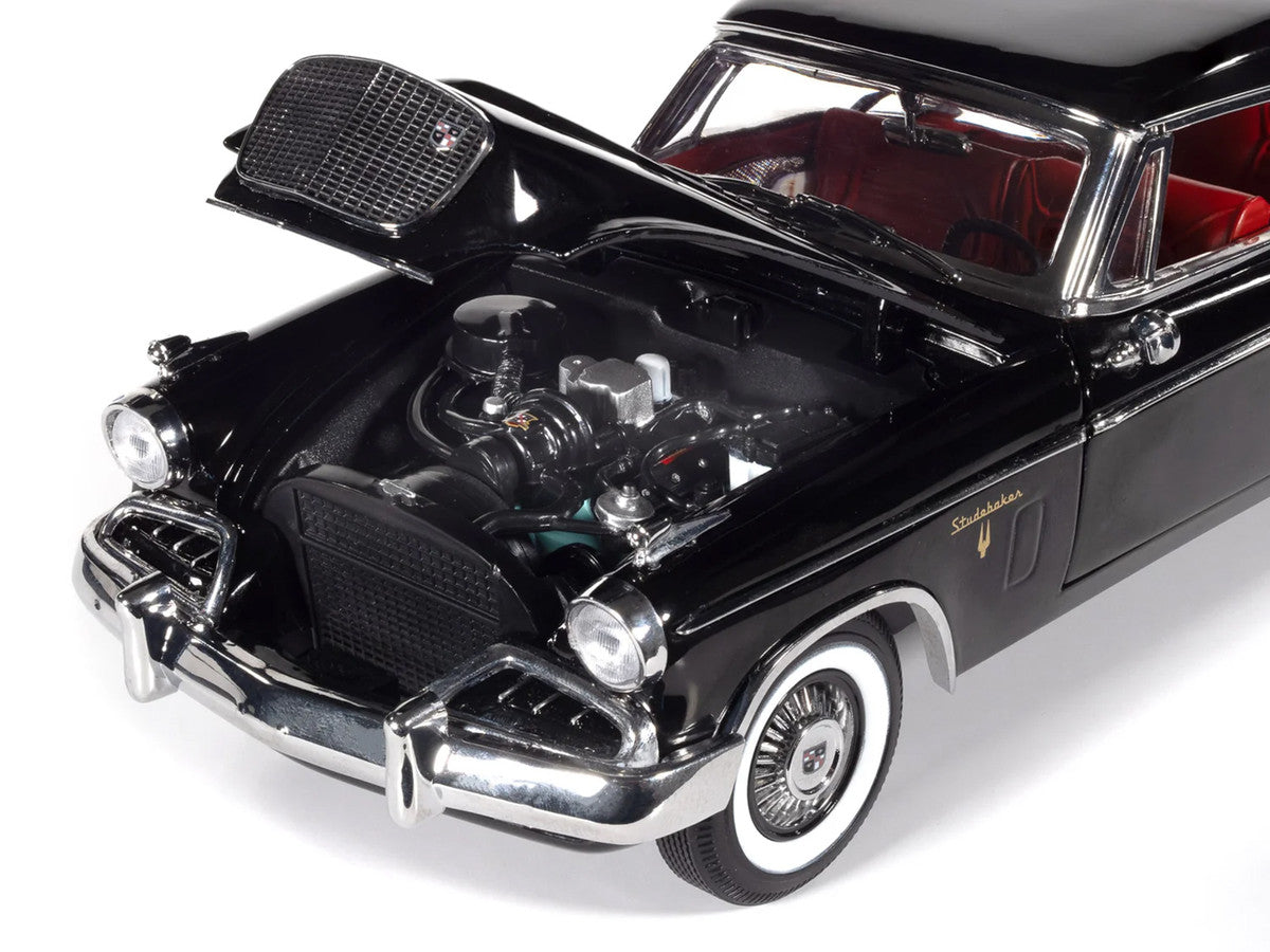 1957 Studebaker Golden Hawk Midnight Black with Red Interior 1/18 Diecast Model by Auto World-1