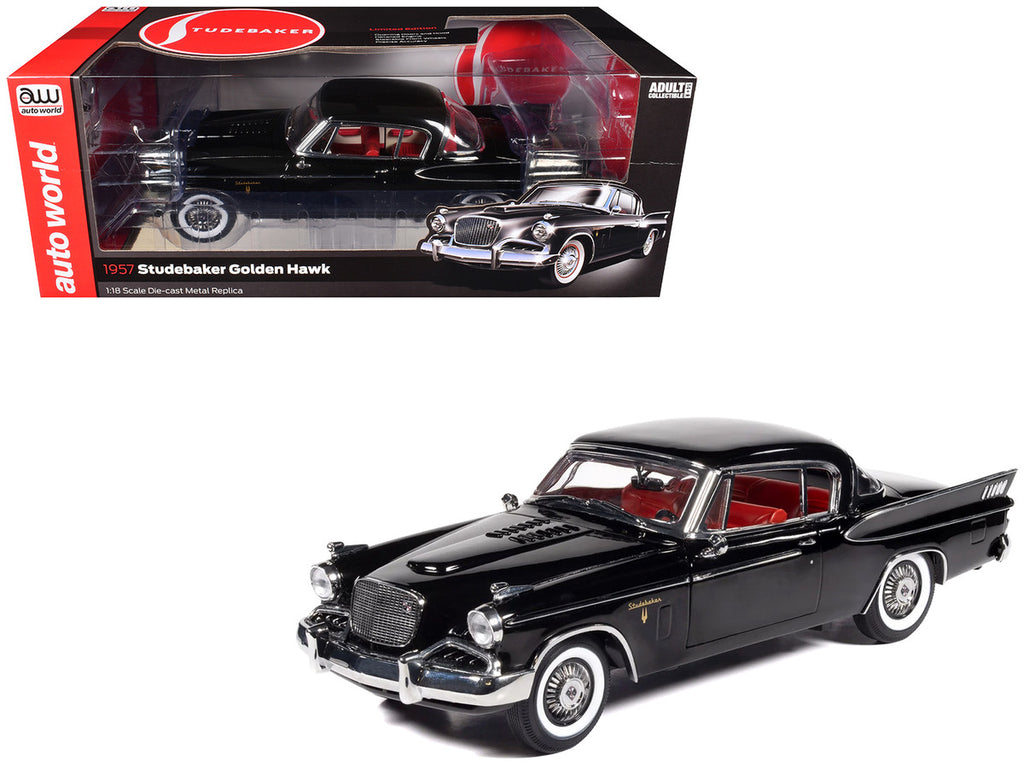 1957 Studebaker Golden Hawk Midnight Black with Red Interior 1/18 Diecast Model by Auto World-4