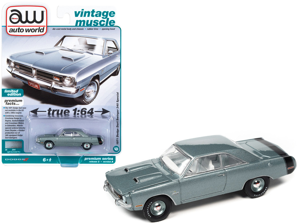 1971 Dodge Dart Swinger 340 Special Light Gunmetal Gray Metallic with Black Tail Stripe "Vintage Muscle" Limited Edition 1/64 Diecast Model Car by Auto World-0