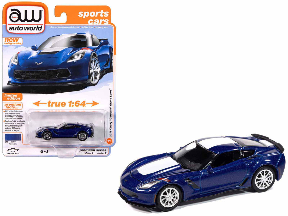 2018 Chevrolet Corvette Grand Sport Admiral Blue with White Stripe "Sports Cars" Series 1/64 Diecast Model Car by Auto World-2