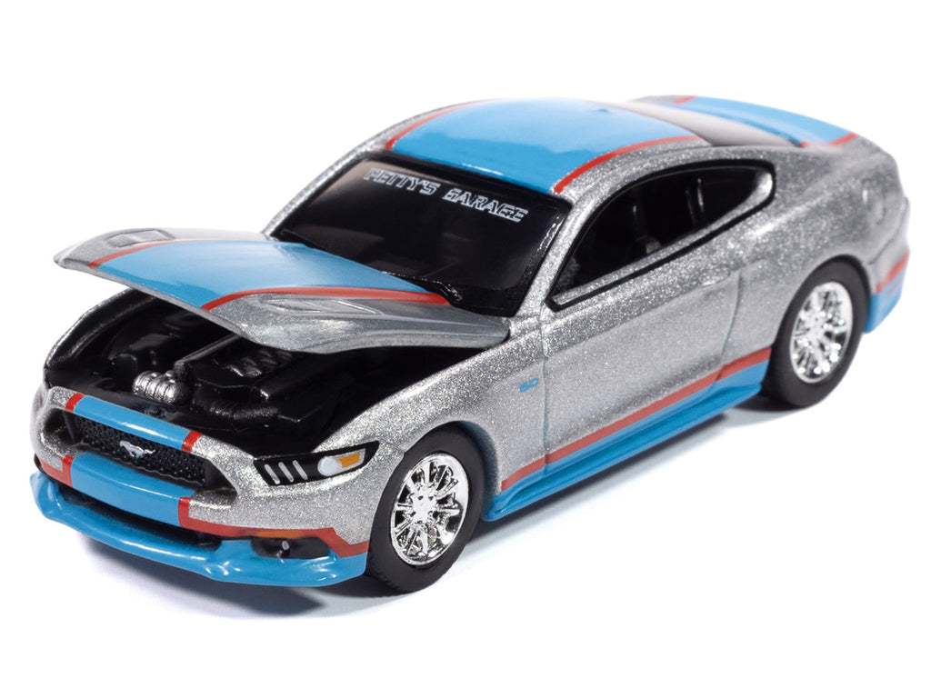 2017 Ford Mustang GT Tribute Edition "Petty's Garage" Ingot Silver Metallic with Petty Blue and Red Stripes "Modern Muscle" Series 1/64 Diecast Model Car by Auto World-1