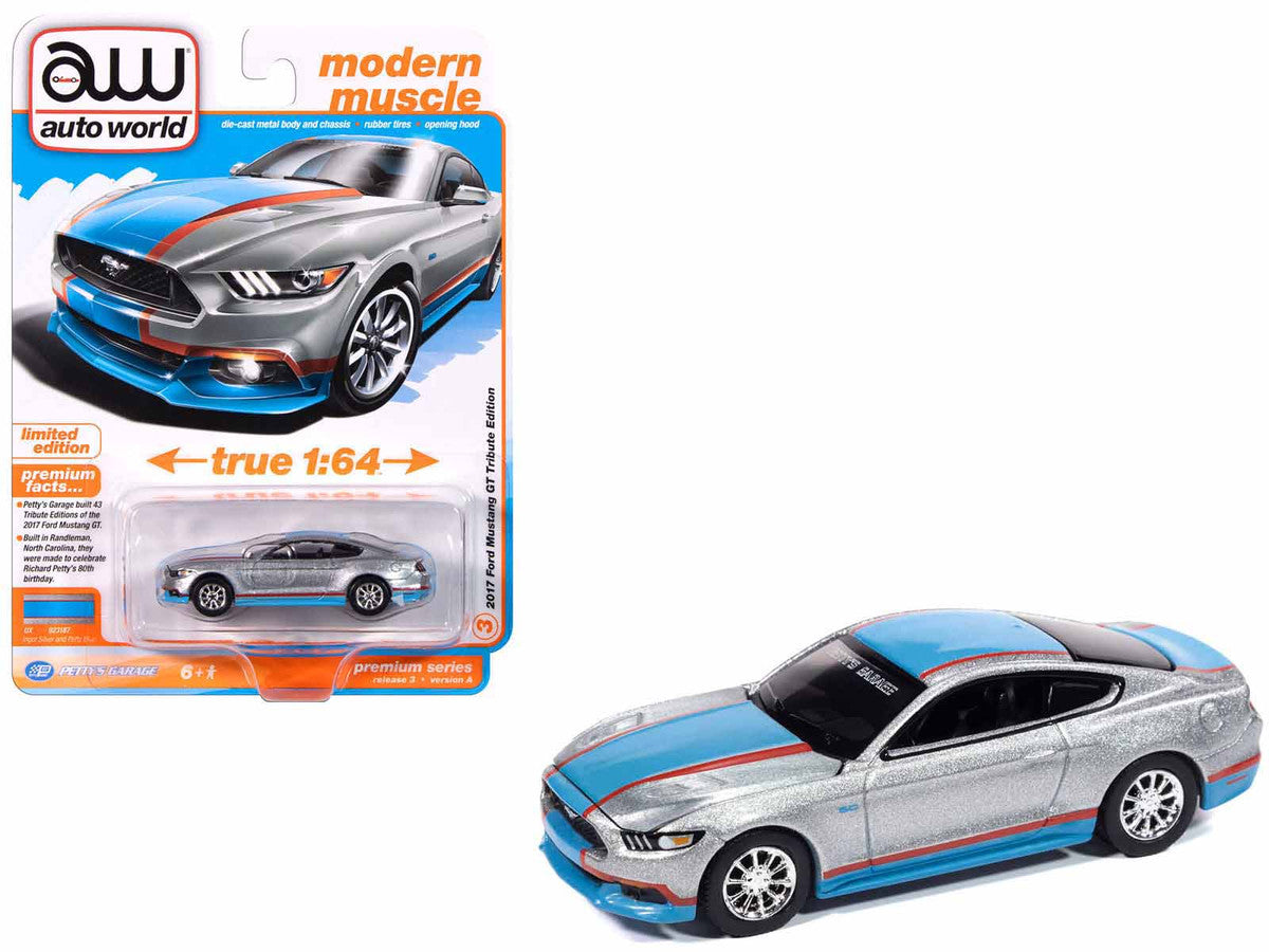 2017 Ford Mustang GT Tribute Edition "Petty's Garage" Ingot Silver Metallic with Petty Blue and Red Stripes "Modern Muscle" Series 1/64 Diecast Model Car by Auto World-2