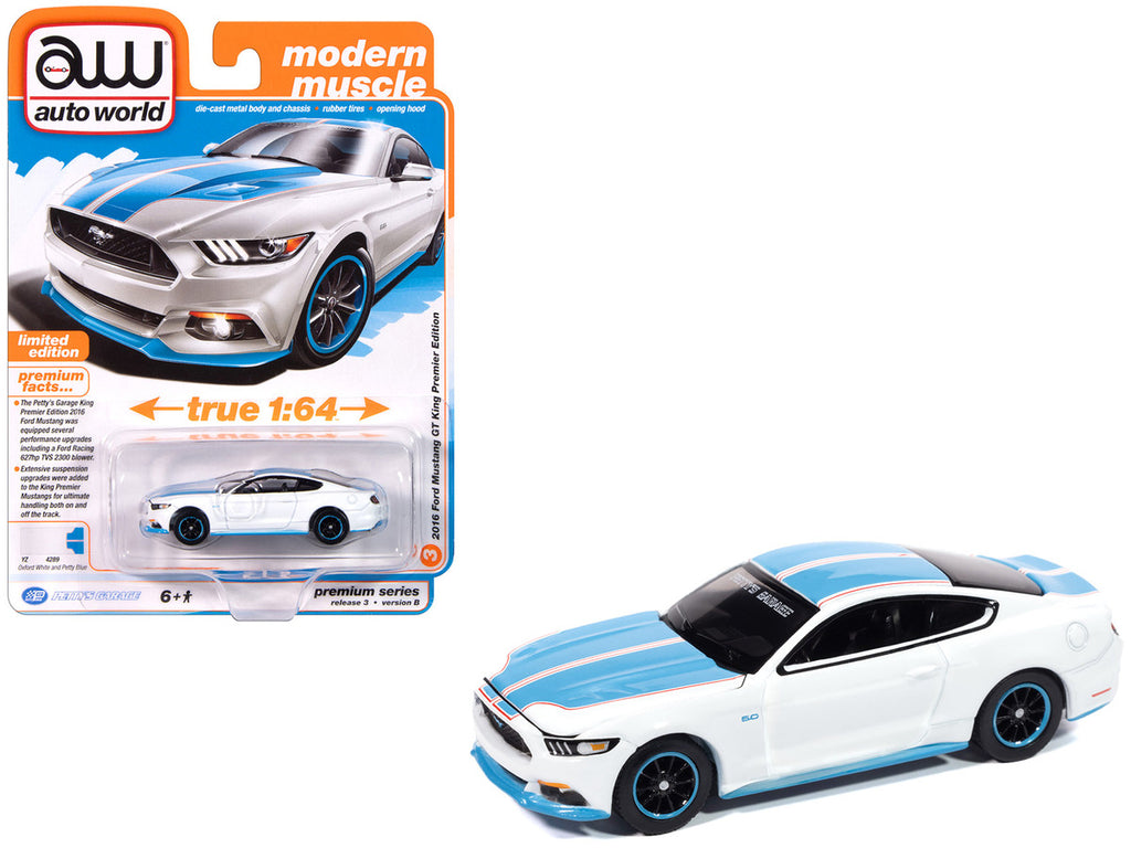 2016 Ford Mustang GT King Premier Edition "Petty's Garage" Oxford White with Petty Blue Stripes "Modern Muscle" Series 1/64 Diecast Model Car by Auto World-2