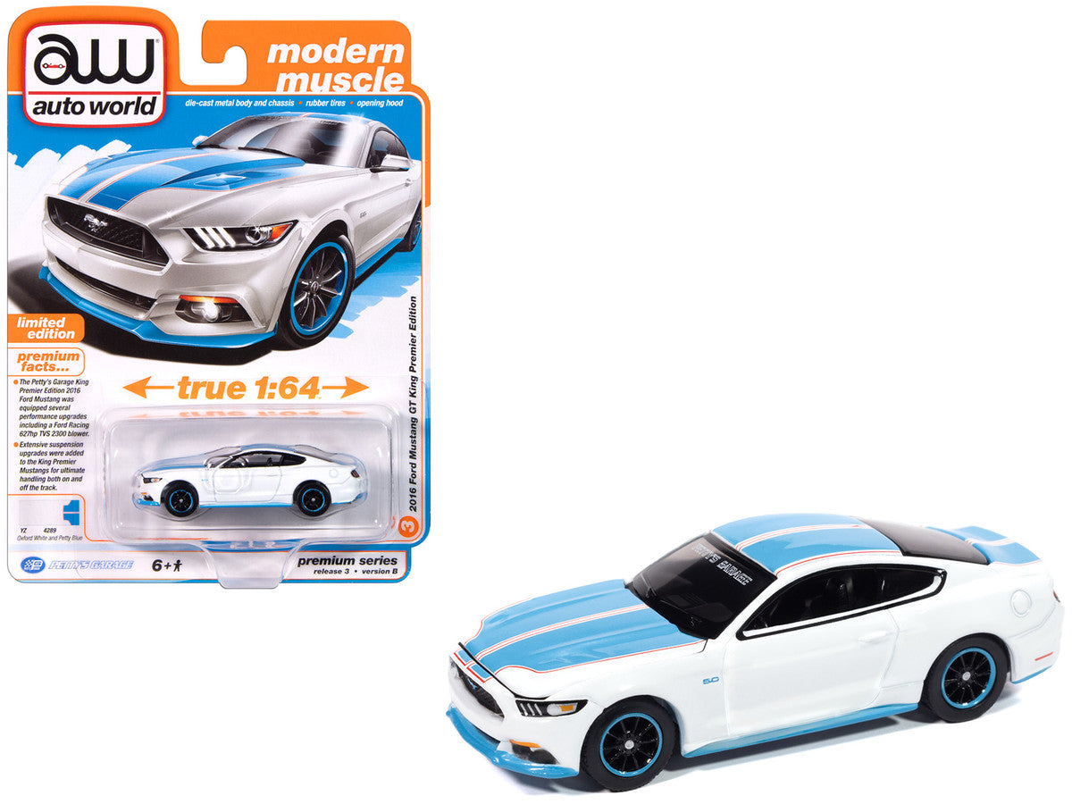 2016 Ford Mustang GT King Premier Edition "Petty's Garage" Oxford White with Petty Blue Stripes "Modern Muscle" Series 1/64 Diecast Model Car by Auto World-2