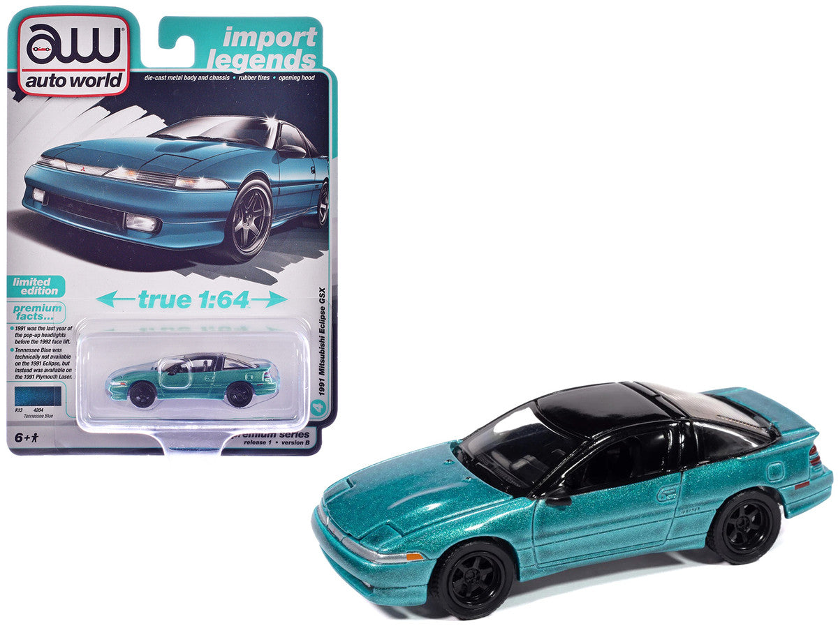 1991 Mitsubishi Eclipse GSX Tennessee Blue Metallic with Black Top "Import Legends" Series 1/64 Diecast Model Car by Auto World-2