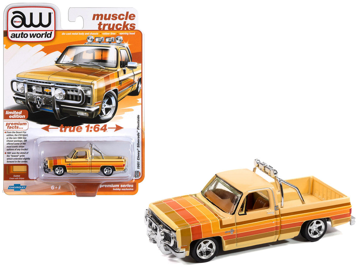 1981 Chevrolet Silverado Fleetside Pickup Truck Cream with Stripes "Hobby Exclusive" Series 1/64 Diecast Model Car by Auto World-2