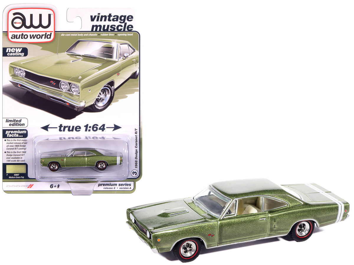 1968 Dodge Coronet R/T Medium Green Metallic with White Interior "Vintage Muscle" Series 1/64 Diecast Model Car by Auto World-2