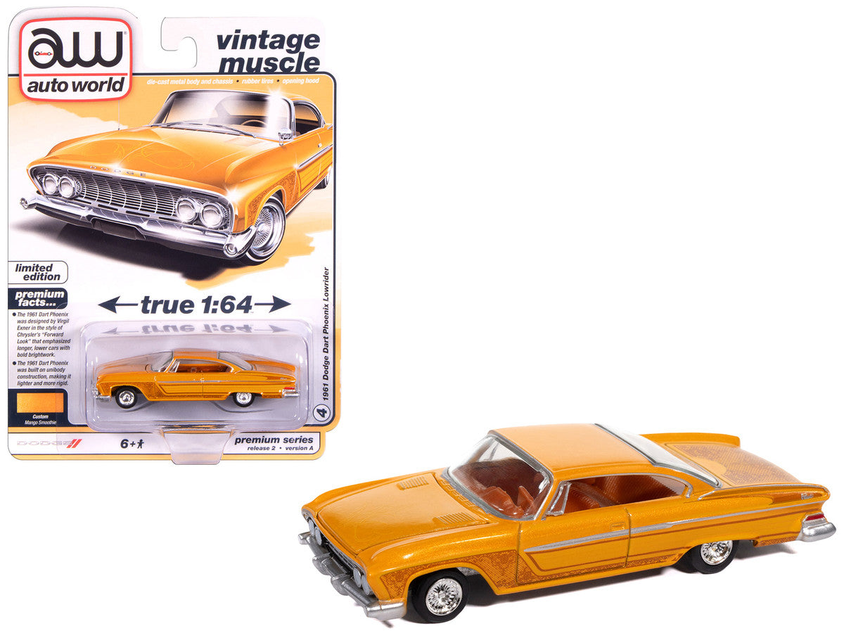 1961 Dodge Dart Phoenix Lowrider Mango Smoothie Metallic with Graphics and Orange Interior "Vintage Muscle" Series 1/64 Diecast Model Car by Auto World-2