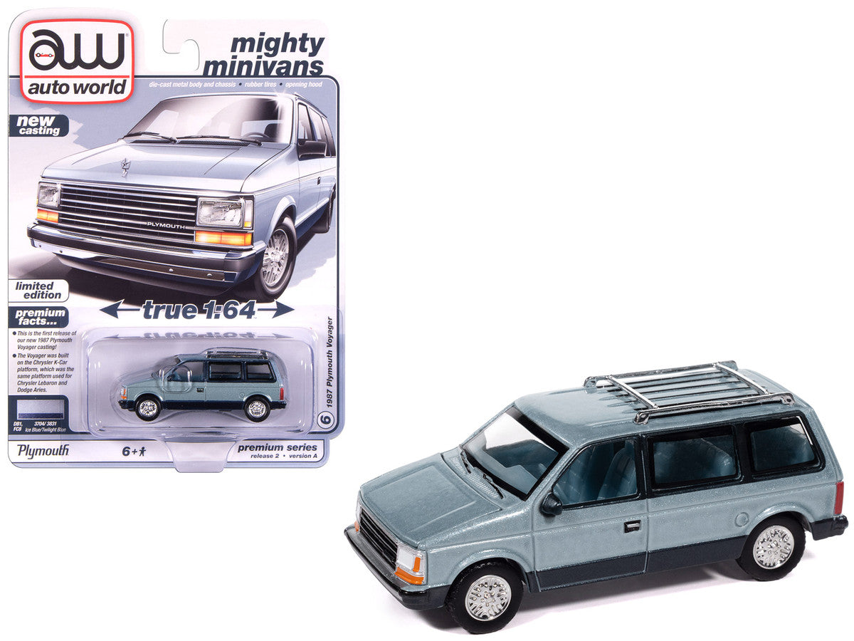1987 Plymouth Voyager Van Ice Blue Metallic and Twilight Blue Metallic 2-Tone with Blue Interior "Mighty Minivans" Series 1/64 Diecast Model Car by Auto World-2