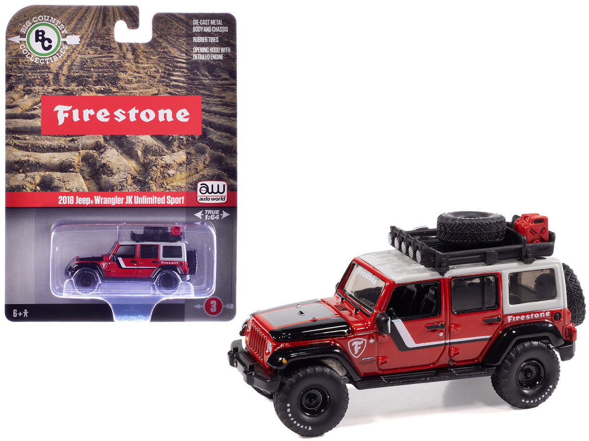 2018 Jeep Wrangler JK Unlimited Sport "Firestone Field Agent" Red with Graphics and Gray Top with Roof Rack "Big Country Collectibles" 2025 Series 1/64 Diecast Model Car by Auto World-0