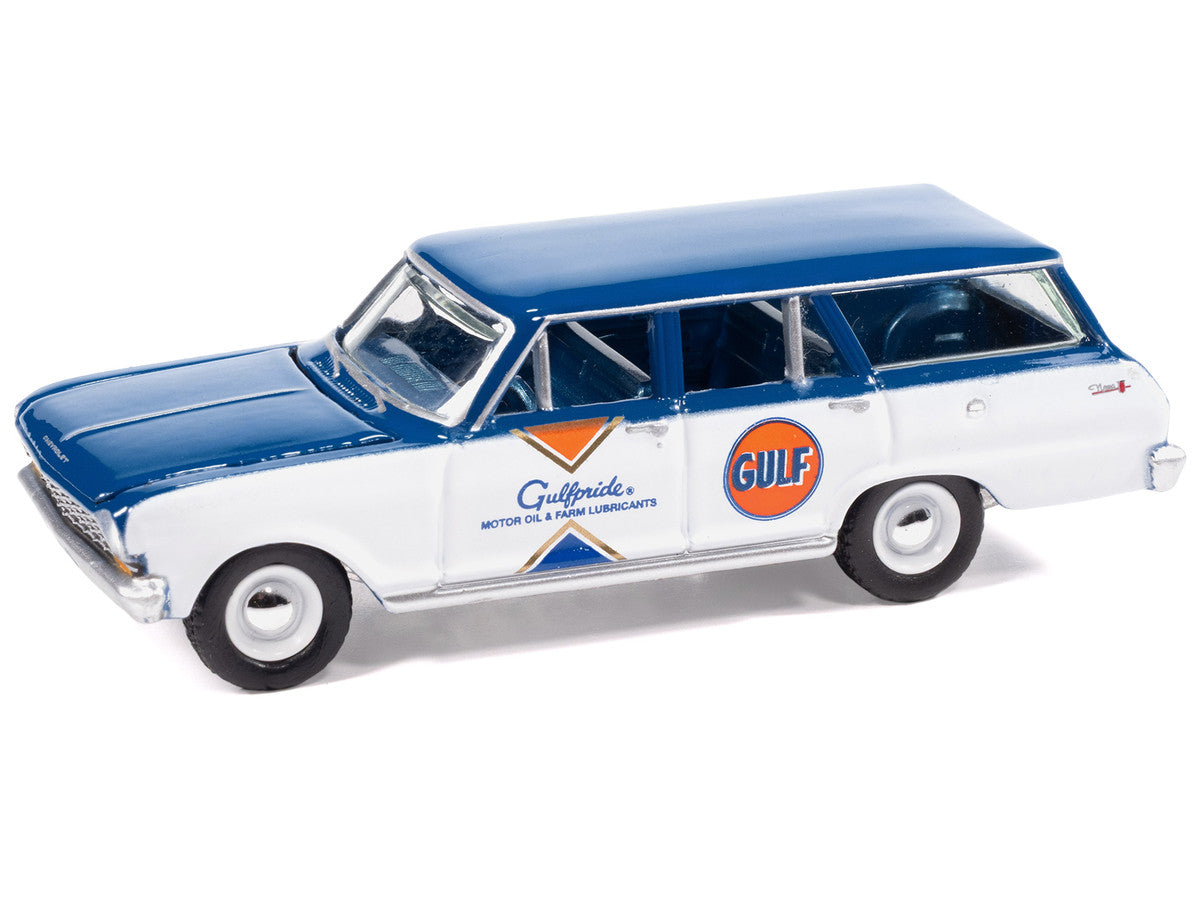 1963 Chevrolet II Nova 400 Wagon "Gulf" Blue and White with Blue Interior "Big Country Collectibles" 2025 Series 1/64 Diecast Model Car by Auto World-1