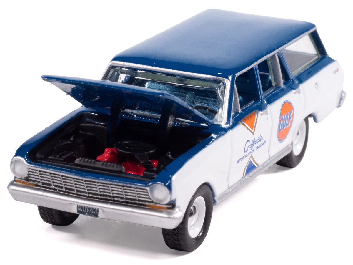 1963 Chevrolet II Nova 400 Wagon "Gulf" Blue and White with Blue Interior "Big Country Collectibles" 2025 Series 1/64 Diecast Model Car by Auto World-2