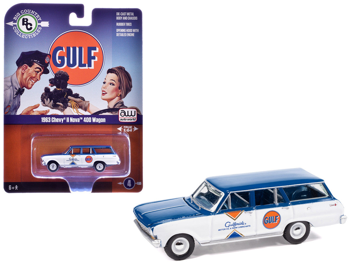 1963 Chevrolet II Nova 400 Wagon "Gulf" Blue and White with Blue Interior "Big Country Collectibles" 2025 Series 1/64 Diecast Model Car by Auto World-0
