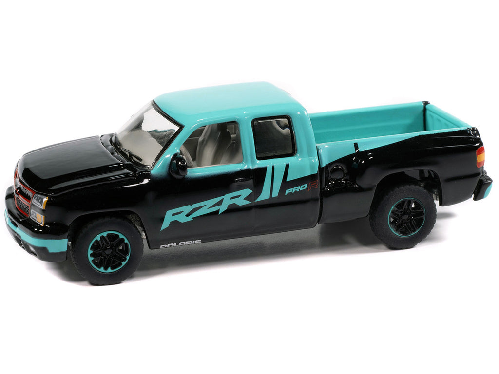 2006 Chevrolet Silverado Pickup Truck "Polaris RZR" Black and Blue "Big Country Collectibles" 2025 Series 1/64 Diecast Model Car by Auto World-1
