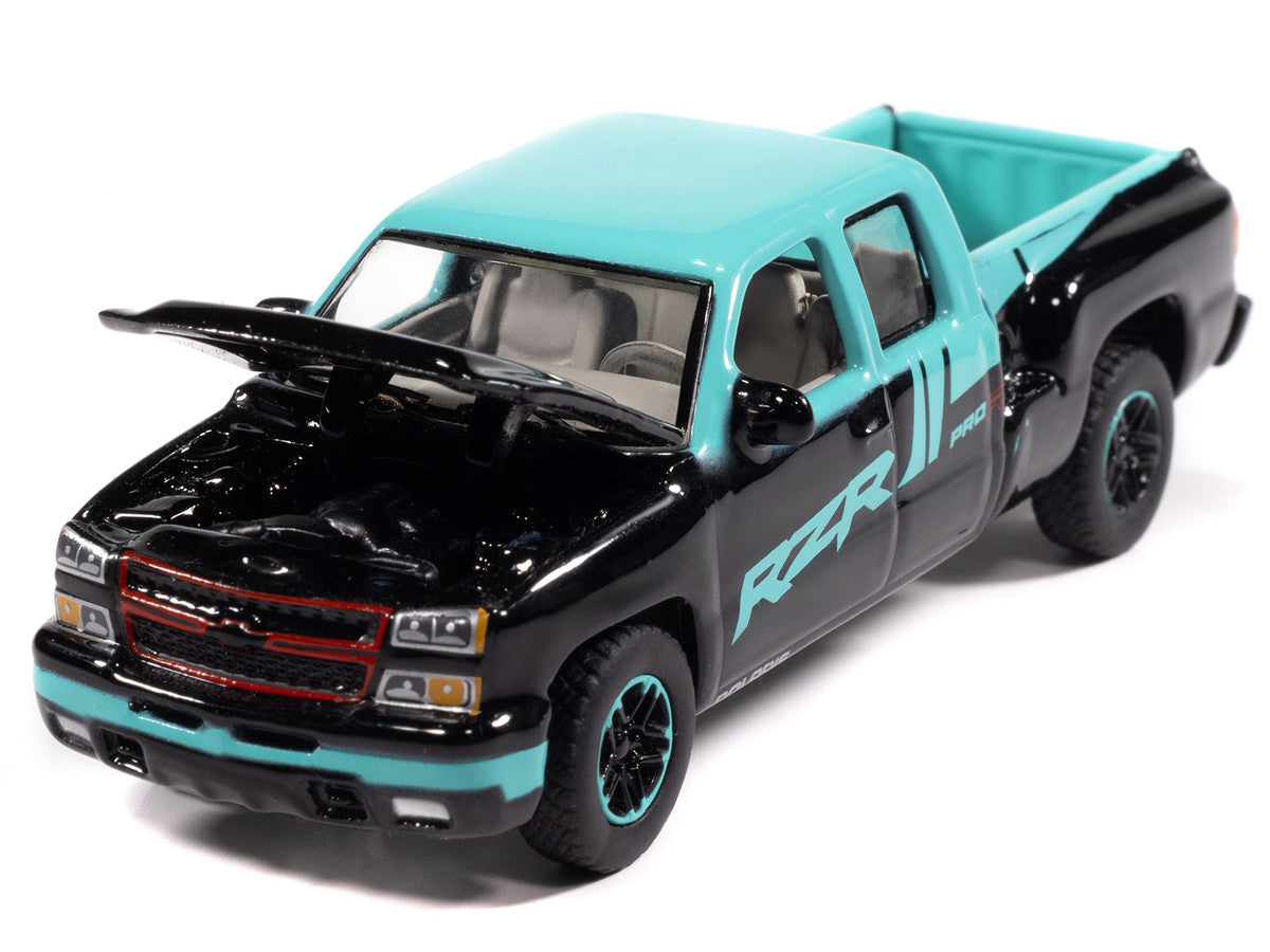 2006 Chevrolet Silverado Pickup Truck "Polaris RZR" Black and Blue "Big Country Collectibles" 2025 Series 1/64 Diecast Model Car by Auto World-2