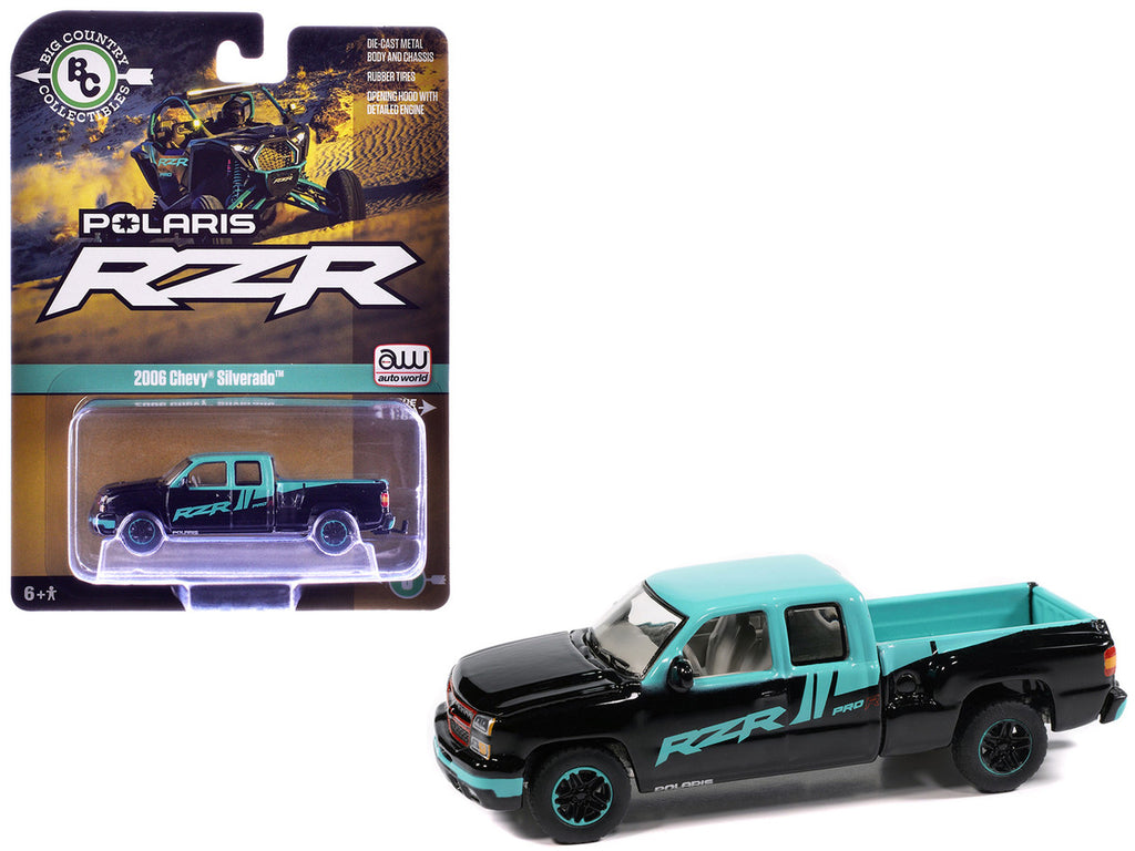 2006 Chevrolet Silverado Pickup Truck "Polaris RZR" Black and Blue "Big Country Collectibles" 2025 Series 1/64 Diecast Model Car by Auto World-0