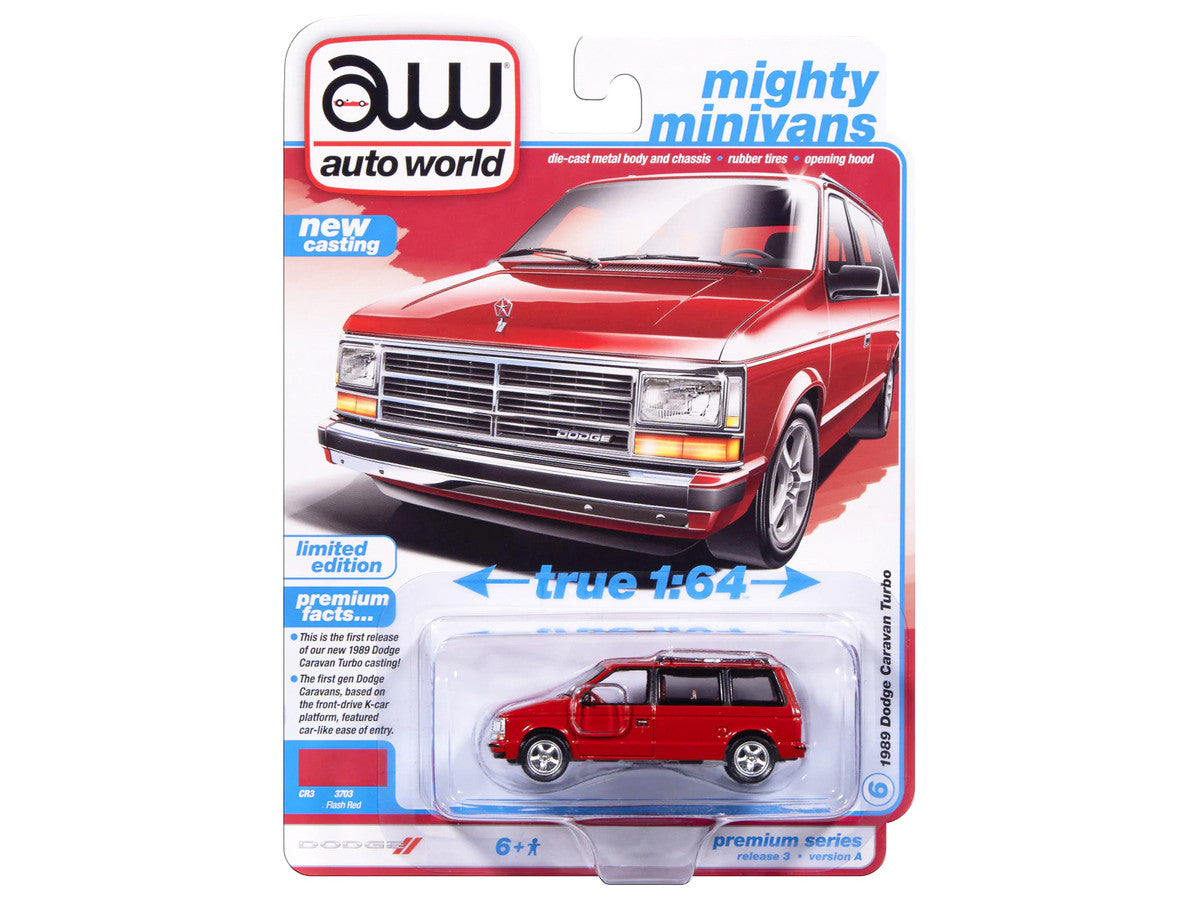 1989 Dodge Caravan Turbo Van Flash Red "Mighty Minivans" Series 1/64 Diecast Model Car by Auto World-1