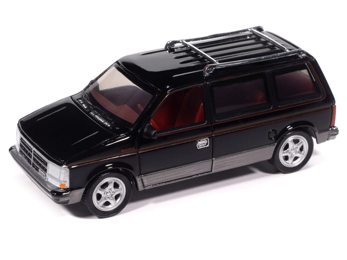 1989 Dodge Caravan Turbo Van Black with Red Stripes and Interior "Mighty Minivans" Series 1/64 Diecast Model Car by Auto World-0