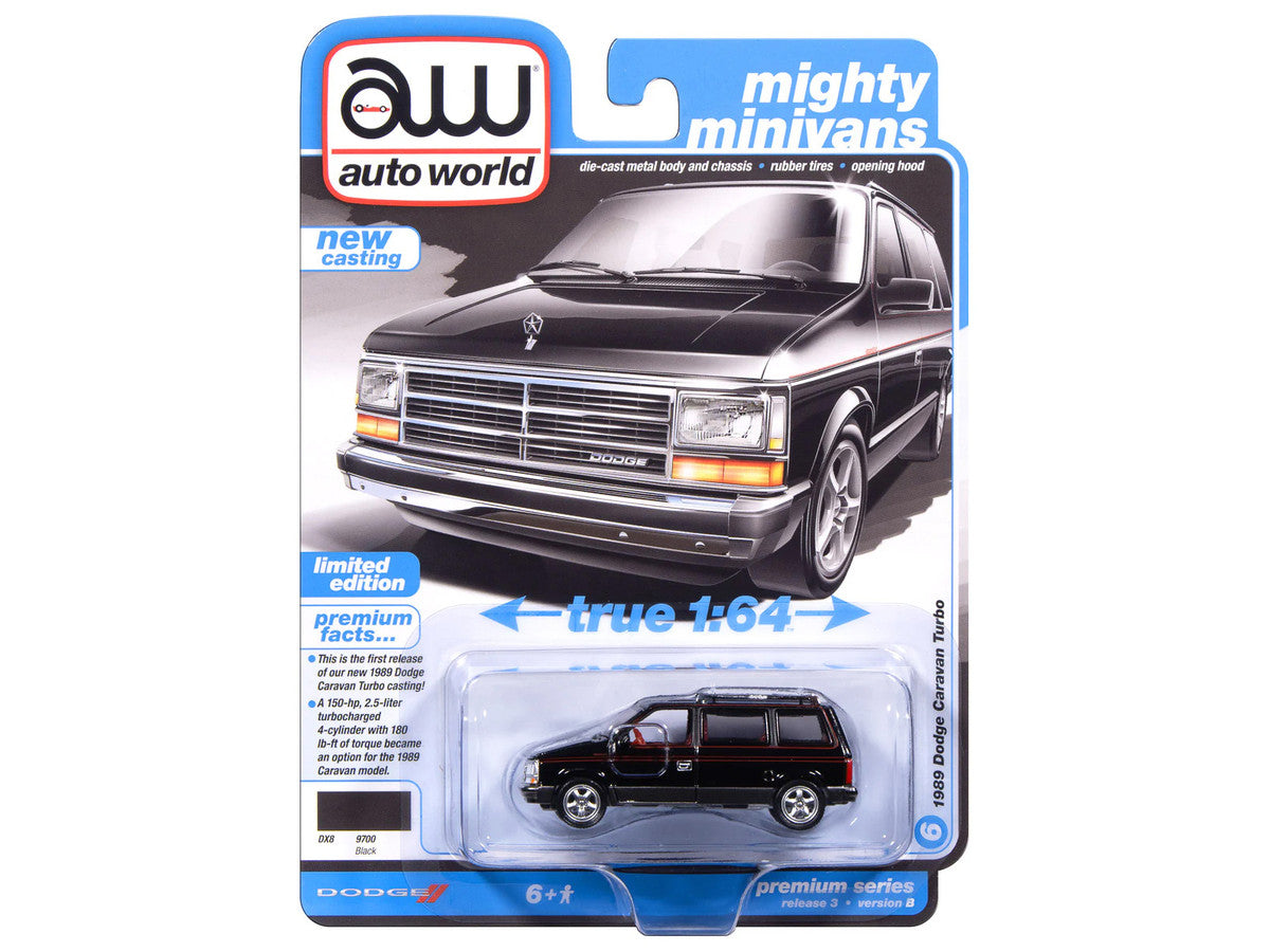 1989 Dodge Caravan Turbo Van Black with Red Stripes and Interior "Mighty Minivans" Series 1/64 Diecast Model Car by Auto World-1