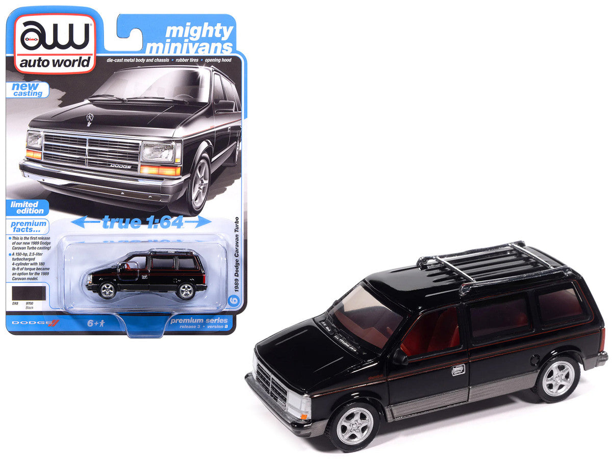 1989 Dodge Caravan Turbo Van Black with Red Stripes and Interior "Mighty Minivans" Series 1/64 Diecast Model Car by Auto World-2