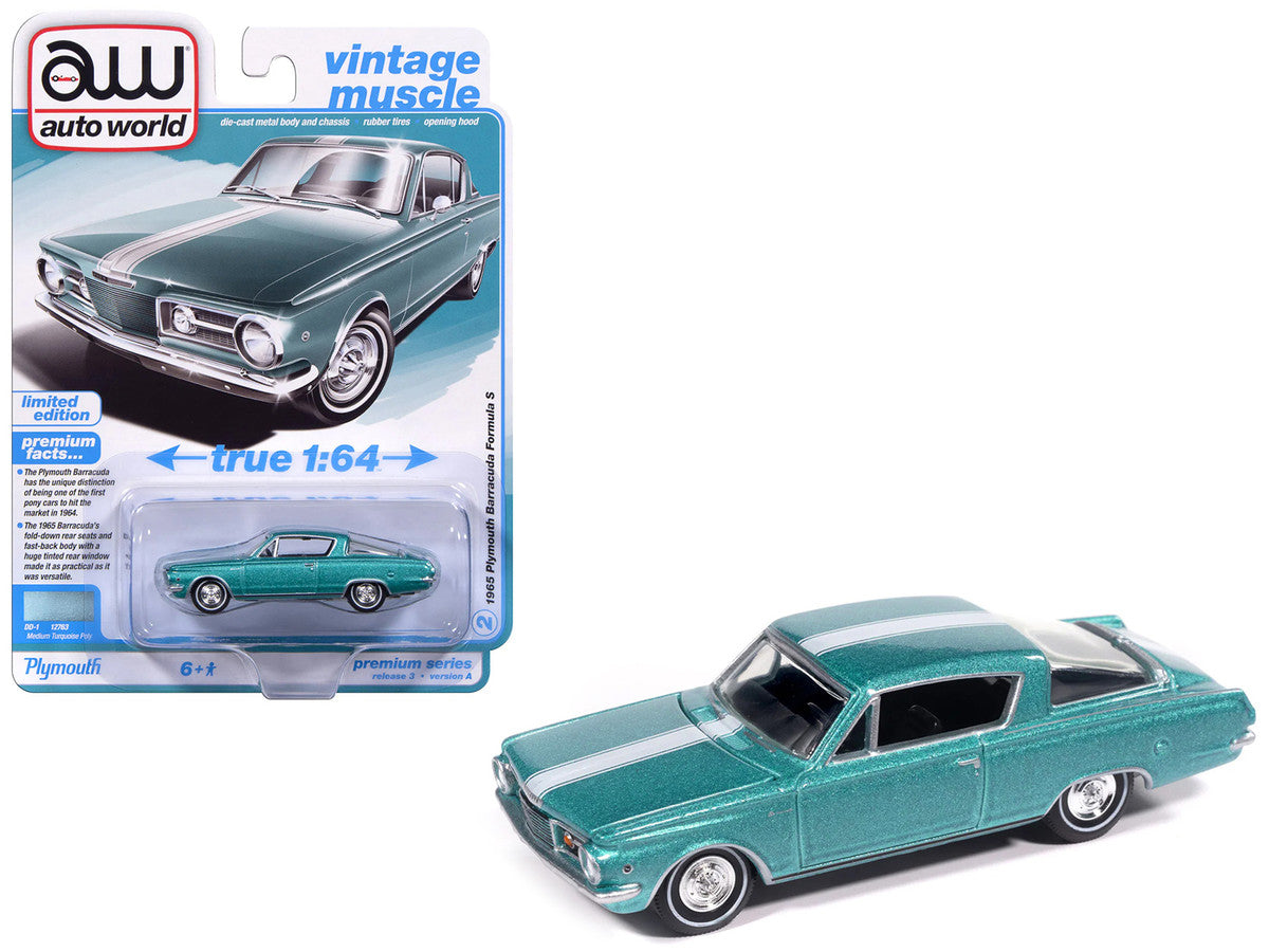 1965 Plymouth Barracuda Formula S Turquoise Metallic with White Stripe "Vintage Muscle" Series 1/64 Diecast Model Car by Auto World-2