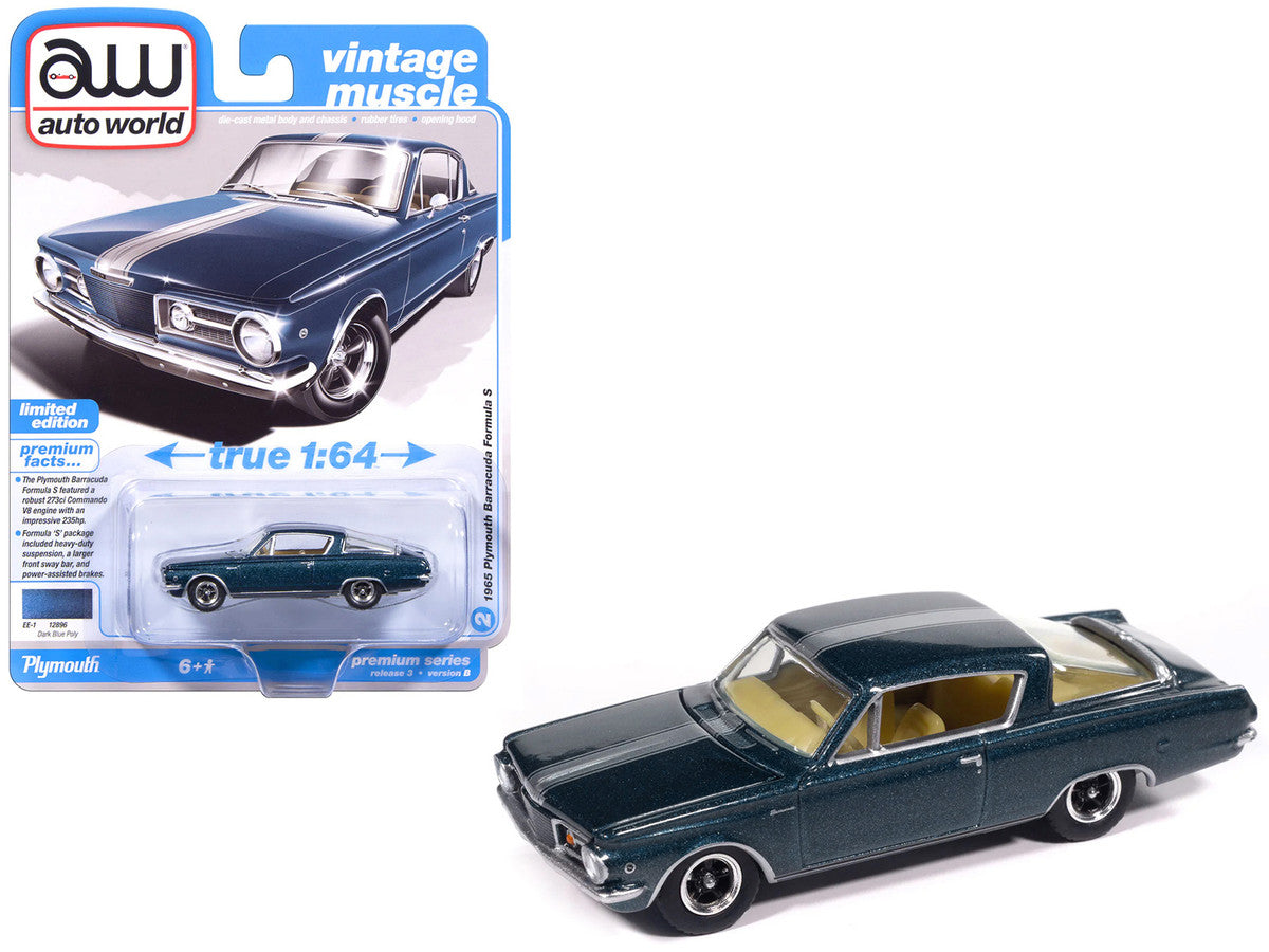 1965 Plymouth Barracuda Formula S Dark Blue Metallic with Silver Stripe "Vintage Muscle" Series 1/64 Diecast Model Car by Auto World-2