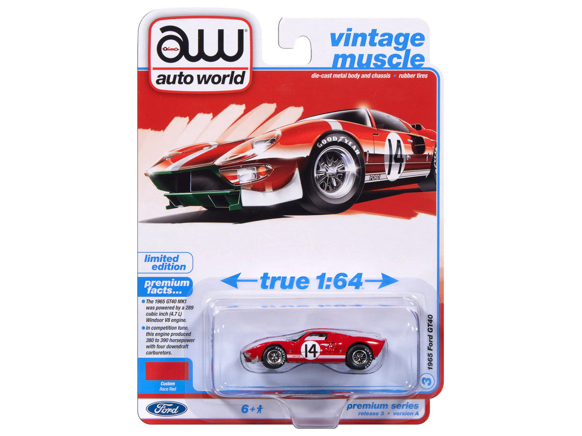 1965 Ford GT40 #14 Red with White Stripes "Vintage Muscle" Series 1/64 Diecast Model Car by Auto World-2