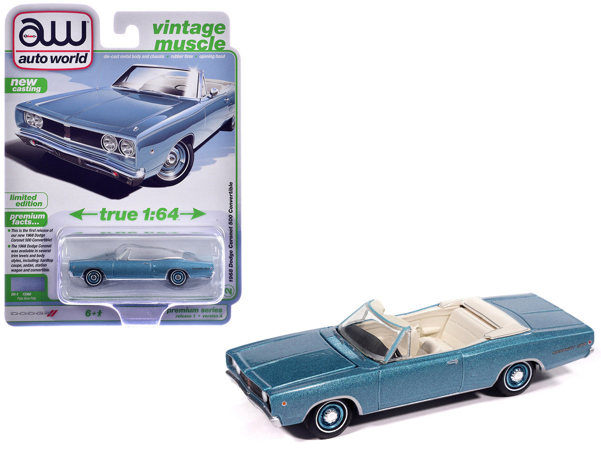 1968 Dodge Coronet 500 Convertible Pale Blue Metallic with White Interior "Vintage Muscle" Series 1/64 Diecast Model Car by Auto World-0