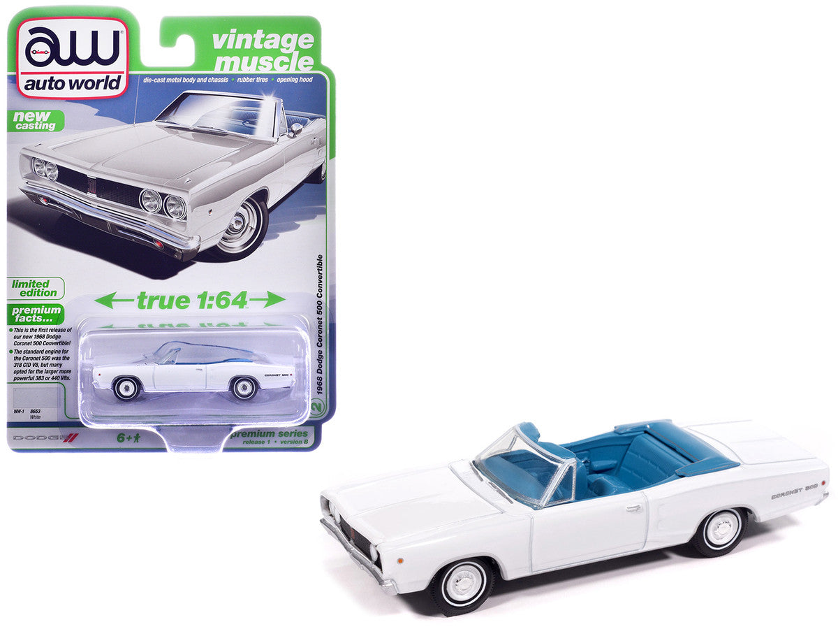 1968 Dodge Coronet 500 Convertible White with Blue Interior "Vintage Muscle" Series 1/64 Diecast Model Car by Auto World-0