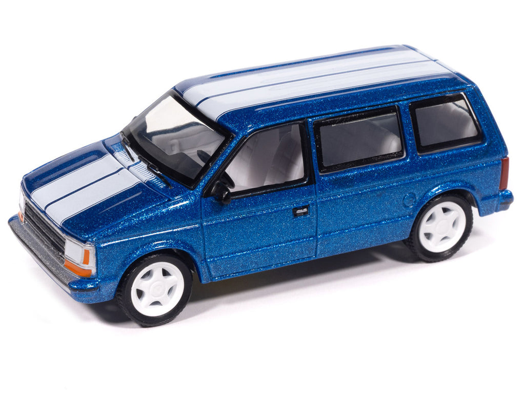 1989 Plymouth Voyager Turbo Van Daytona Blue Metallic with White Stripes and Interior "Mighty Minivans" Series 1/64 Diecast Model Car by Auto World-1