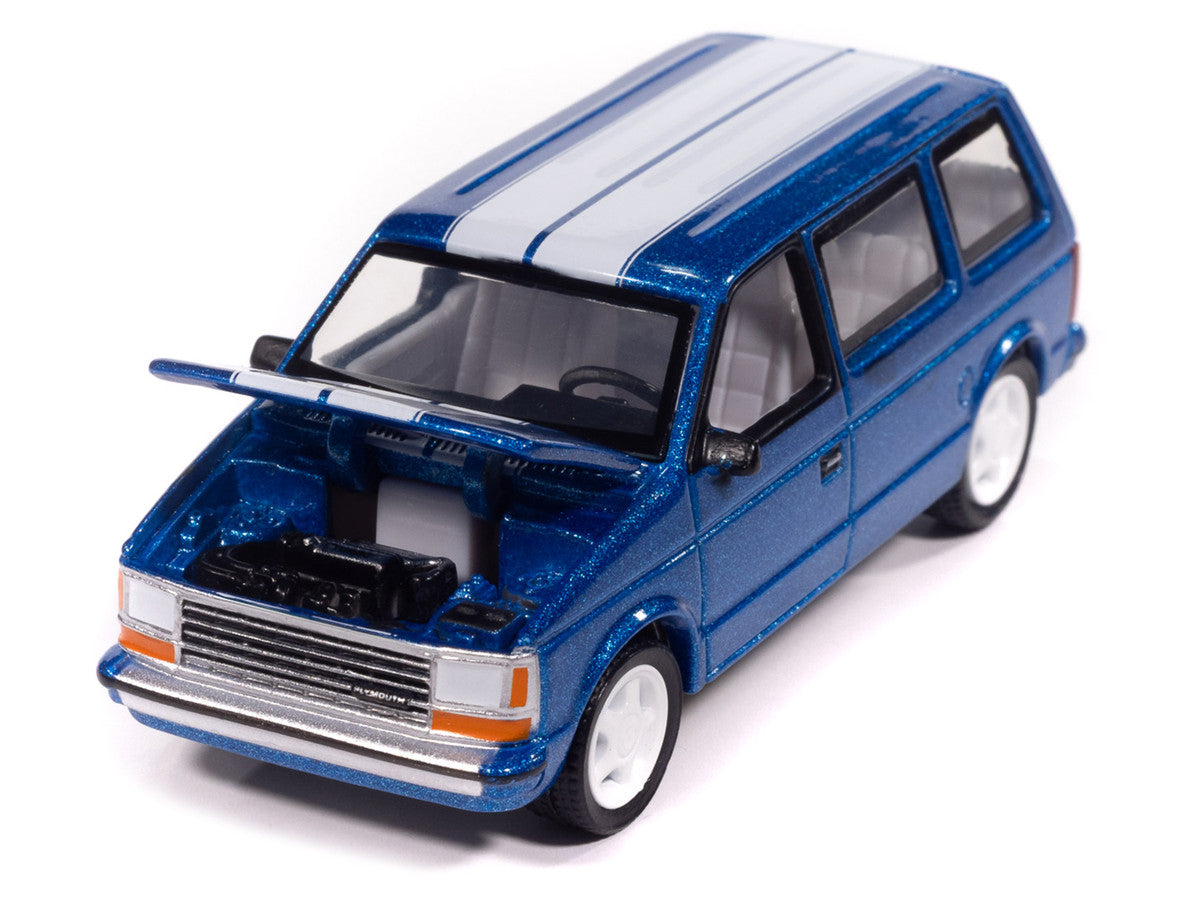 1989 Plymouth Voyager Turbo Van Daytona Blue Metallic with White Stripes and Interior "Mighty Minivans" Series 1/64 Diecast Model Car by Auto World-2