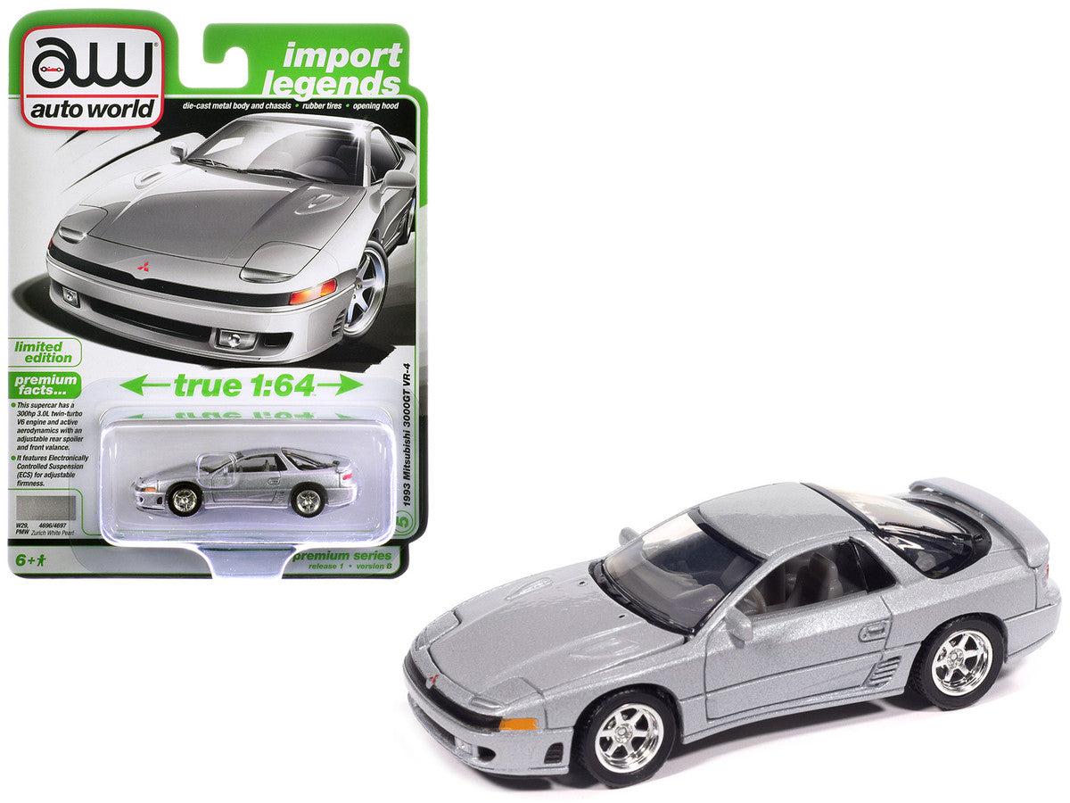 1993 Mitsubishi 3000GT VR-4 Zurich White Silver Metallic "Import Legends" Series 1/64 Diecast Model Car by Auto World-0