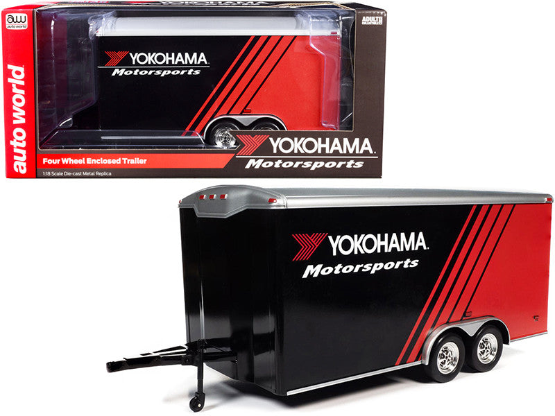 Four Wheel Enclosed Car Trailer "Yokohama Motorsports" Black and Red for 1/18 Scale Model Cars by Auto World-0