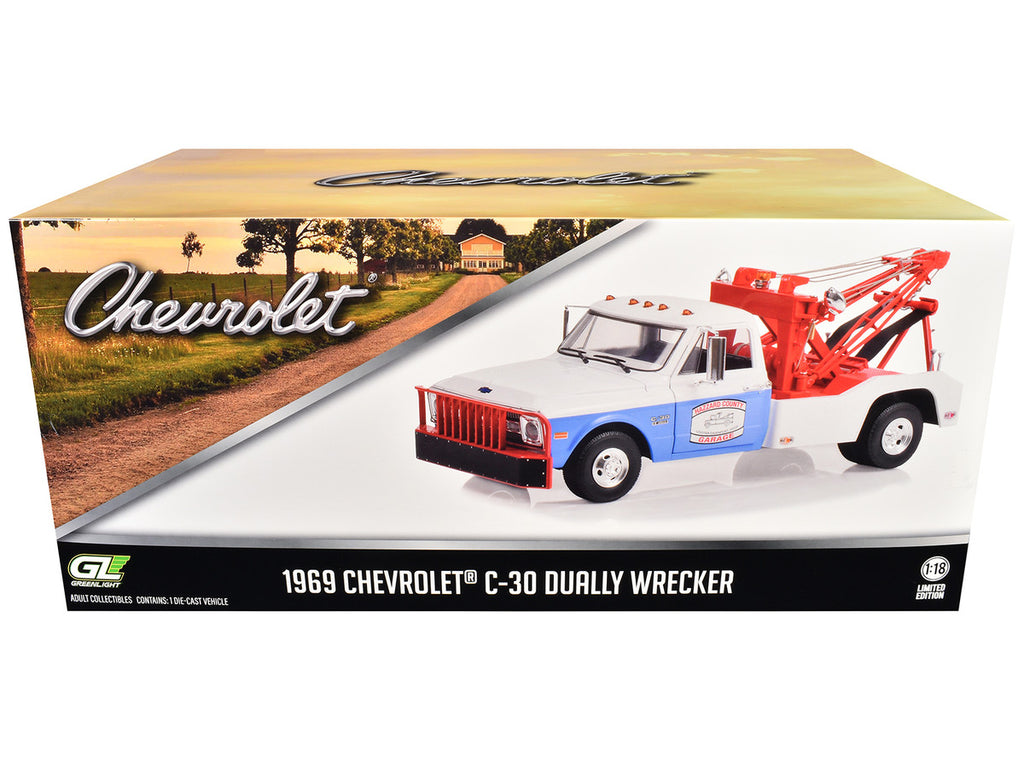 1969 Chevrolet C-30 Dually Wrecker Tow Truck White and Blue "Hazzard County Garage" 1/18 Diecast Model Car by Greenlight-2