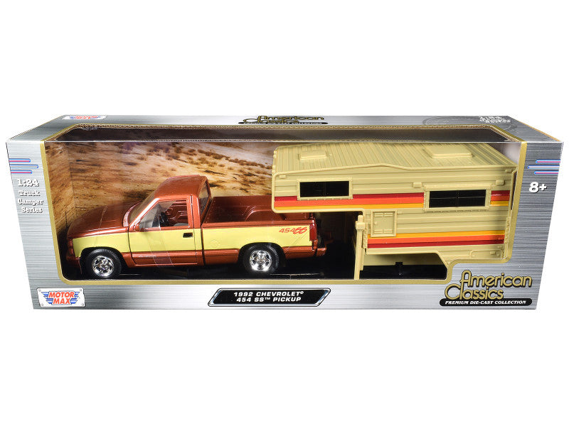 1992 Chevrolet 454 SS Pickup Truck Copper Metallic with Beige Sides with Camper Shell "American Classics" Series 1/24 Diecast Model Car by Motormax-2